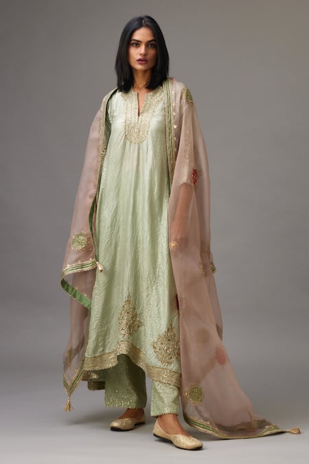 KORA Green , Organza Gota Patti, Sequins, Asymmetric Embroidered Kurta Set 