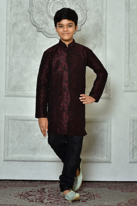 Petite Pomme Wine Silk Embroidery Paisley And Leaf Kurta 