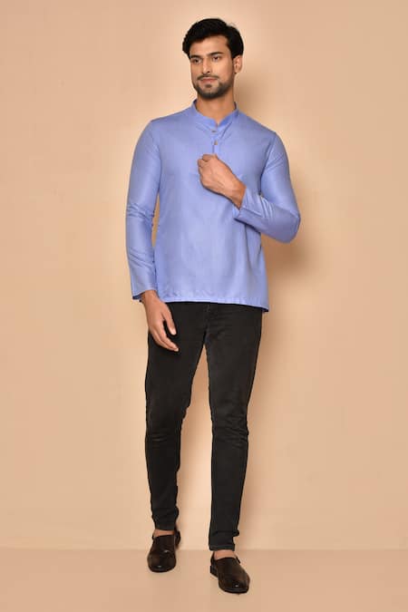 Aryavir Malhotra Blue Cotton Button Placket Straight Short Kurta 