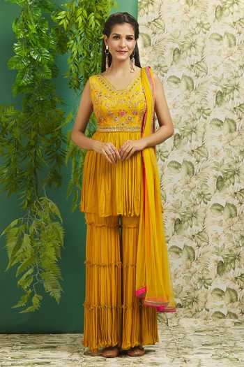 Women's Mustard Yellow Embroidered Kurta Sharara Set - Traditional Indian Ethnic Wear With Dupatta - View #11
