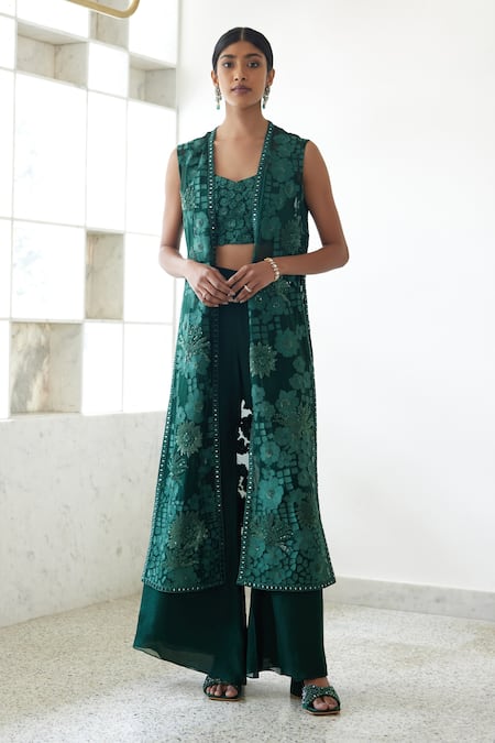 Mishru Green Organza Embroidered Floral Crop Vera Jacket And Flared Pant Set 