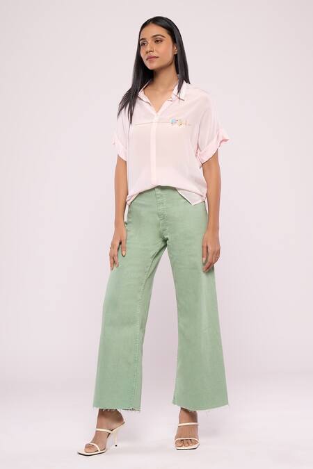 Mayu Kothari Pink Crepe Embroidery Shawl Neck Placement Love Birds Shirt