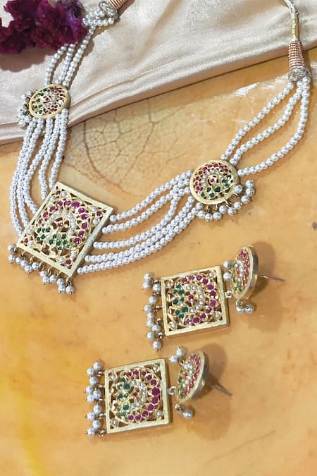 Devanshi Renu Jewels Gold Plated Stone Geometric Shaped Pendant Necklace Set
