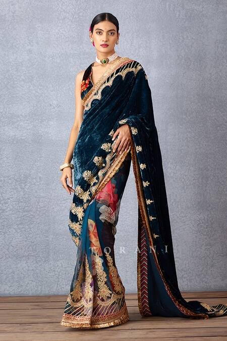 Eid Special Grey And Blue Color Designer Sangeet Wear Embroidered Saree In  Velvet Fabric With Designer Blouse And Border