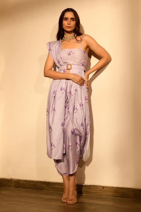 Pasha India Purple Linen Floral Square Neck Draped Blouse And Dhoti Pant Set 