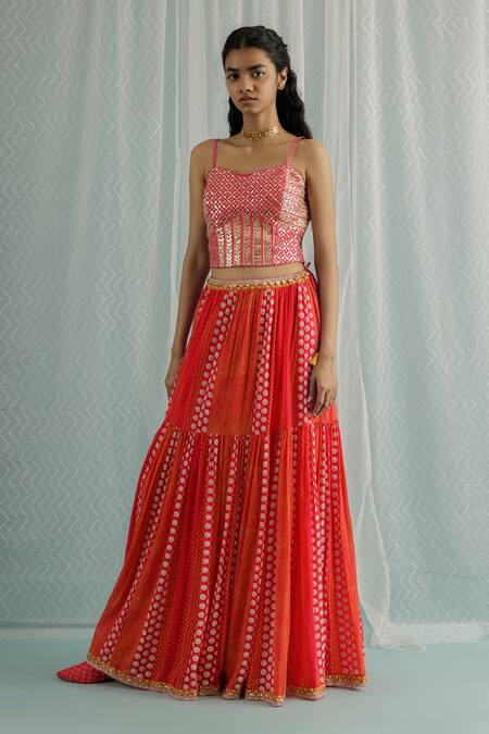 Surbhi Gupta Pink Cotton Satin, Georgette, Organza Embroidery, Sarai Block Print Lehenga Set Online at Aza Fashions Surbhi Gupta_Pink Cotton Satin, Georgette, Organza Embroidery, Sarai Block Print Lehenga Set _Online_at_Aza_Fashions