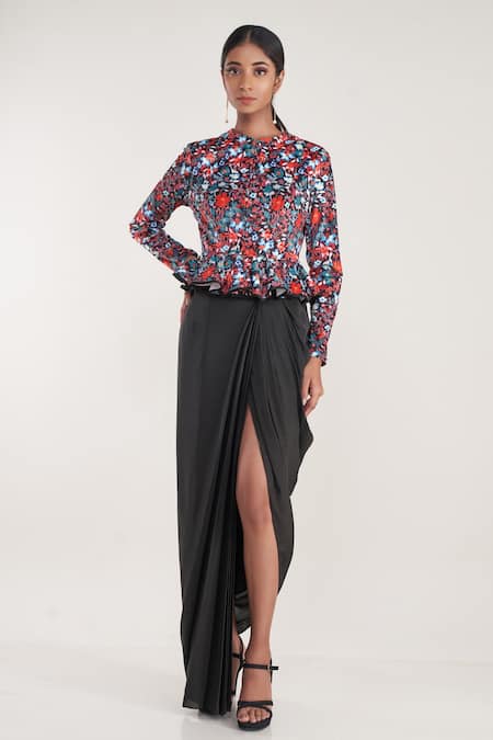 Black Floral Wrap Skirt