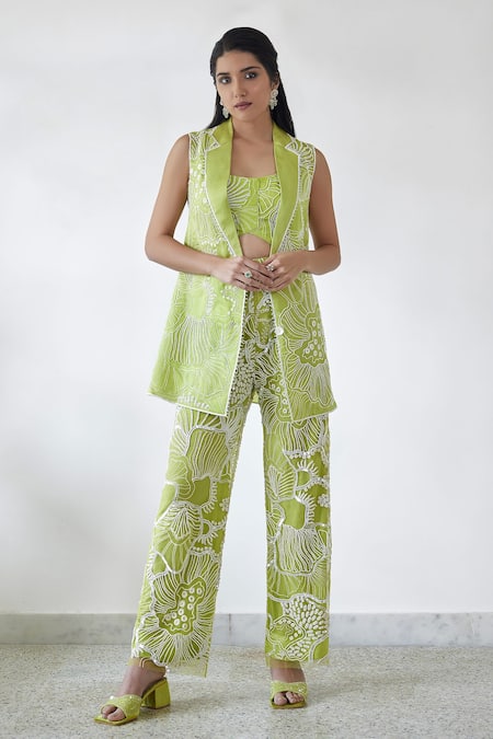 Mishru Green Organza Embroidered Thread Blazer Notched Lesly Pant Set 