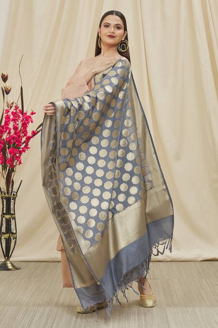 Naintara Bajaj Grey Brocade Embroidery Banarasi Art Silk Dupatta Online at Aza Fashions Naintara Bajaj_Grey Brocade Embroidery Banarasi Art Silk Dupatta _Online_at_Aza_Fashions