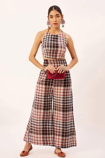 Zariya the Label Checkered Backless Blouse With Pant 