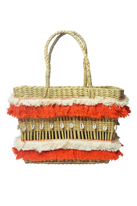 GINN AND TONIK Beige Shell And Fringe Trim & Embellished Woven Beach Bag 