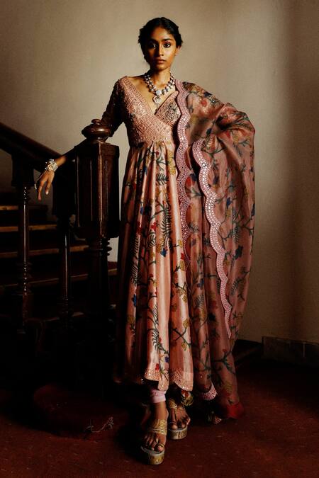 Buy Archana Jaju Pink Anarkali Pure Silk, Leggings Cotton Lycra And Dupatta Hand Painted Set at Aza Fashions Buy_Archana Jaju_Pink Anarkali Pure Silk, Leggings Cotton Lycra And Dupatta Hand Painted Set_at_Aza_Fashions