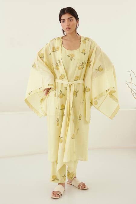 Buy Cotton And Clay Yellow Chanderi, Modal Embroidery Round Hand Block Print Kimono Top Trouser Set Buy_Cotton And Clay_Yellow Chanderi, Modal Embroidery Round Hand Block Print Kimono Top Trouser Set