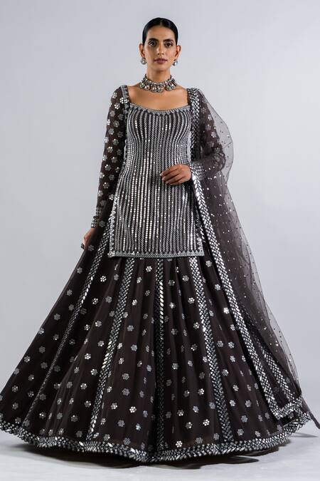 Vvani By Vani Vats Grey Georgette, Net Embroidery, Mirrors Square Neck Kurta Lehenga Set Online at Aza Fashions Vvani By Vani Vats_Grey Georgette, Net Embroidery, Mirrors Square Neck Kurta Lehenga Set _Online_at_Aza_Fashions