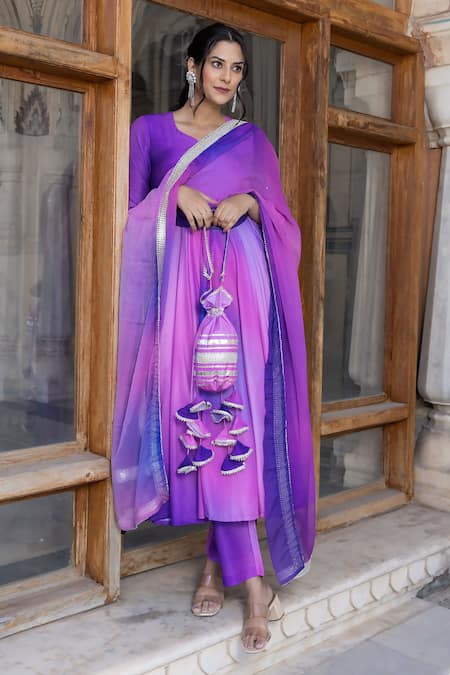 Buy Pomcha Jaipur Purple Muslin, Chiffon Gota Patti Split V-neck Ombre Anarkali Pant Set at Aza Fashions Buy_Pomcha Jaipur_Purple Muslin, Chiffon Gota Patti Split V-neck Ombre Anarkali Pant Set _at_Aza_Fashions