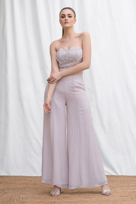 Amrta By Guneet Kondal Pink Viscose, Georgette Beads, Sequins, Embroidery Split V-neck Floral Jumpsuit Online at Aza Fashions Amrta By Guneet Kondal_Pink Viscose, Georgette Beads, Sequins, Embroidery Split V-neck Floral Jumpsuit _Online_at_Aza_Fashions