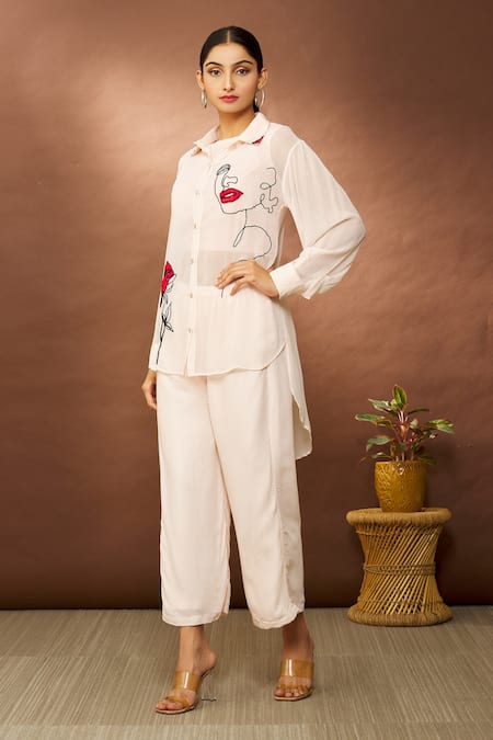 Samyukta Singhania Pink Georgette Embroidered Abstract Shirt Collar High-low With Pant 