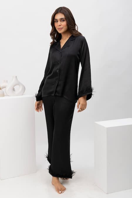 Dawn And Dusk Black Silky Satin Collared Neck Pearl Feather Detailed Shirt And Pant Set 