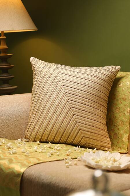 Amoliconcepts Off White Cotton Thread And Zari Embroidery Beaded Geometric Cushion Cover