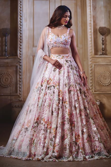 Label Priyanka Kar Pink Net Hand Embroidered Floral Patterns V Neck Bridal Lehenga Set 