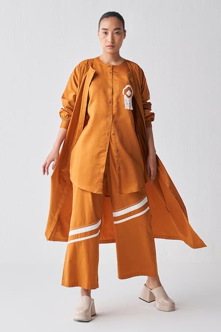 Three Orange Poplin Appliques Striped Diagonal Pattern Pant 
