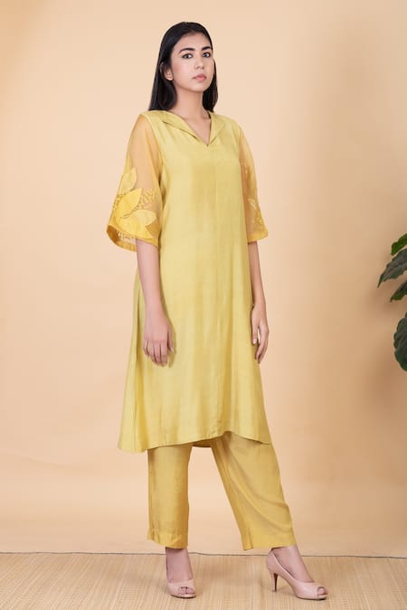 Chambray & Co. Yellow All Weather Pure Silk Embroidery Thread Kaashvi Sleeve Kurta And Pant Set 