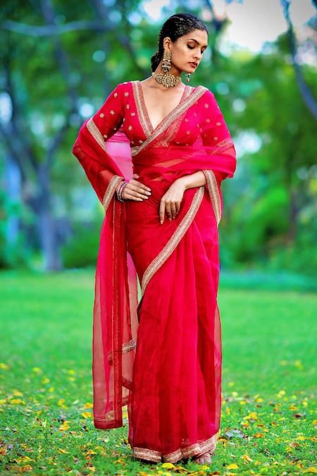 Buy Red Silk Organza Embroidered Sequin Sheer Saree With Butti