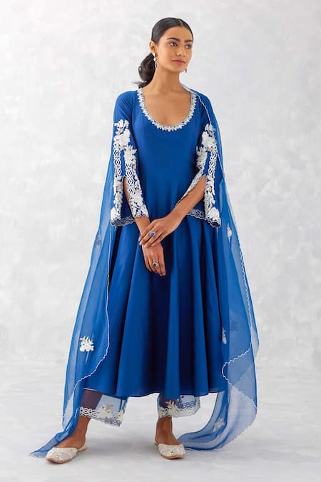 Devnaagri Blue Cotton, , Organza Embroidery Anarkali Set With Dupatta And Palazzo at Aza Fashions Devnaagri_Blue Cotton, , Organza Embroidery Anarkali Set With Dupatta And Palazzo _at_Aza_Fashions