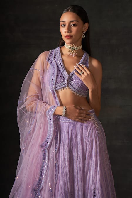 House of Exotique Purple Net Embroidery, Sequins, Tassels V-neck Lehenga Set