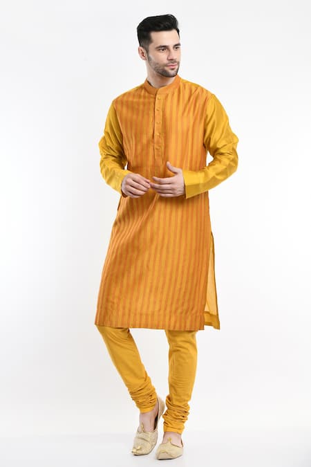 Samant Chauhan Yellow Suede Embroidery Stripe Kurta Set
