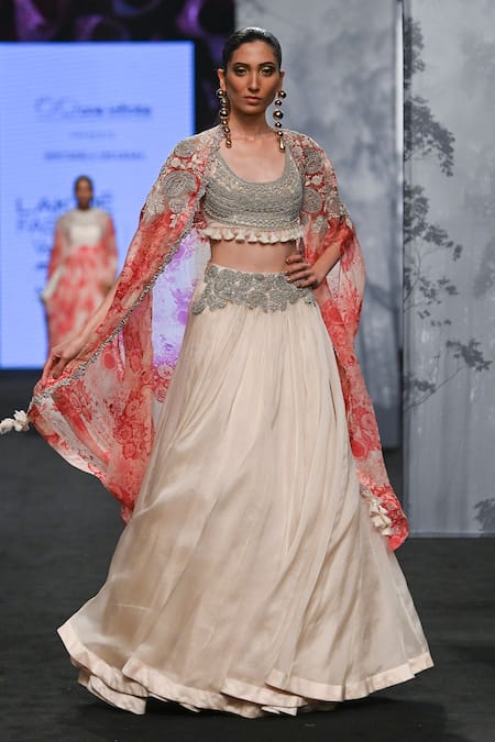 Bhumika Sharma Red Organza, Net Sequins, Embroidery Scoop Neck Blossom Print Cape Lehenga Set 