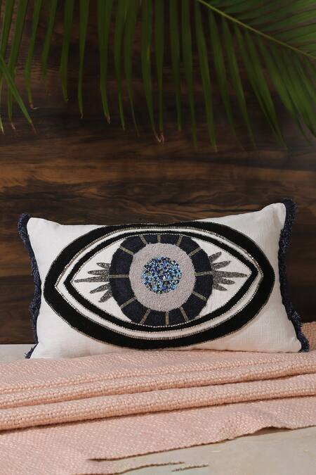 Amoliconcepts White Cotton Embellished Evil Eye Cushion Cover