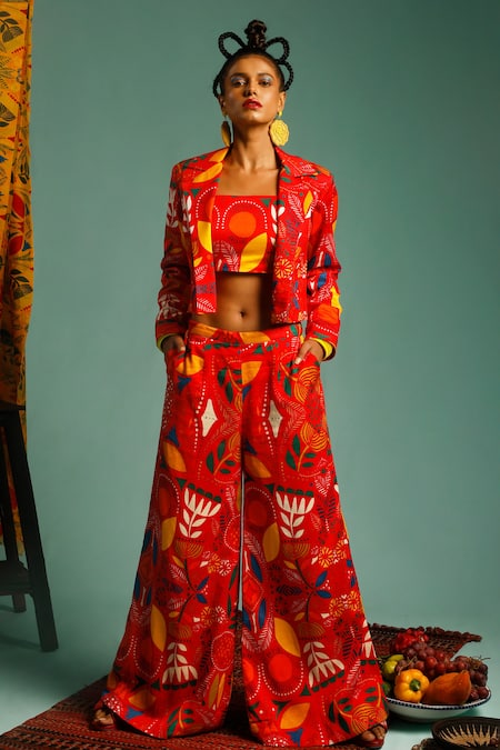 Label Shristi Chetani_Multi Color Chanderi Floral Square Neck Print Blazer With Palazzo Set _Online_at_Aza_Fashions