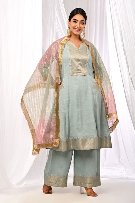 The Home Affair Blue Pure Chanderi Embroidered Zari Notched Work A-line Kurta Set 