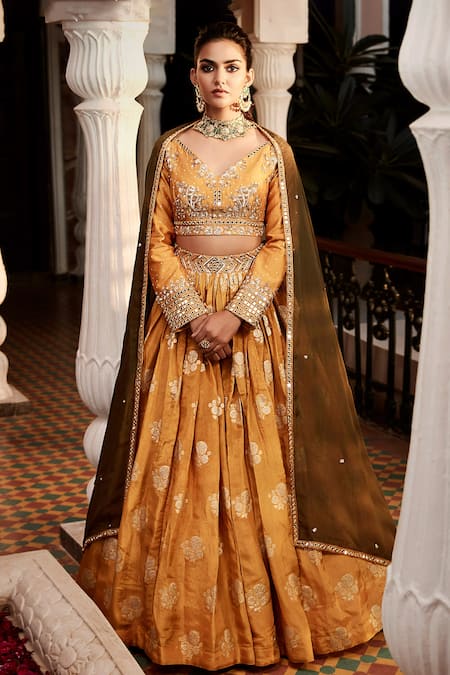 Buy Mustard Silk And Marble Dyed Georgette Mirror Work Lehenga Set Online  for Women by IVORY BY DIPIKA - 4045404