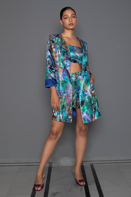 Buy Redefine Blue Mashru Silk Azura Open Print Long Jacket at Aza Fashions Buy_Redefine_Blue Mashru Silk Azura Open Print Long Jacket_at_Aza_Fashions