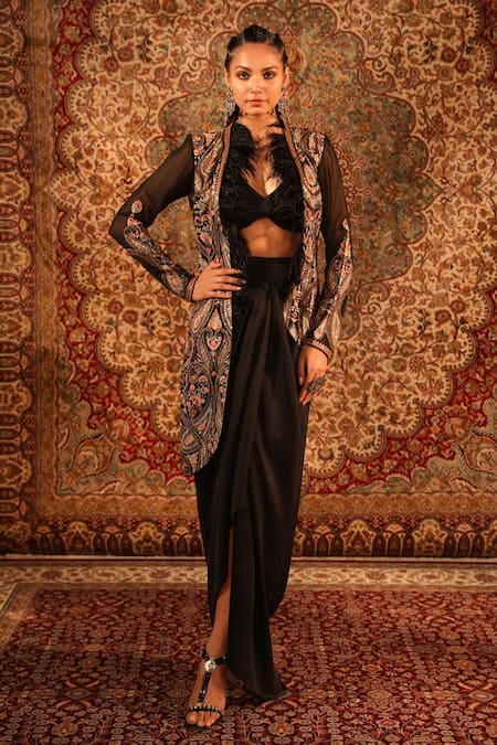 Aditi Gupta Black Satin Woven And Embroidered Jamawar Pattern Asymmetric Draped Skirt Set 