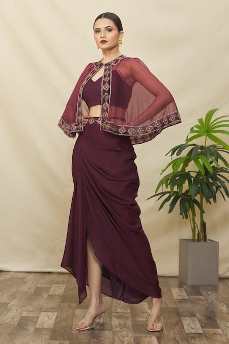 Samyukta Singhania Wine Crepe Hand Embroidered Sequin Cape Round Neck Draped Skirt Set 