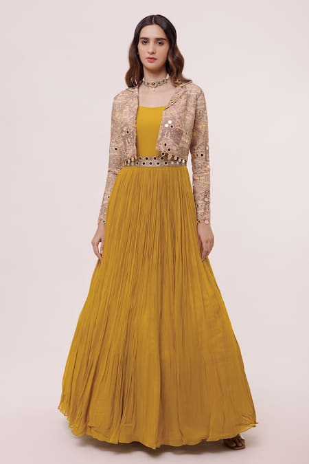 Light Gold Classic Gown Set with Zari Embroidery and Long Cape Jacket -  Seasons India