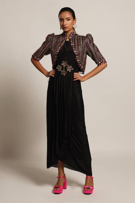 Buy Black Gajji Silk Embellished Cut Pipe Gown: Draped With Short ...