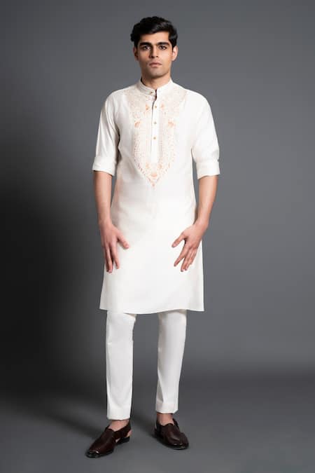 Raghavendra Rathore Jodhpur Off White Silk Embroidered Jaal Yoke Kurta 