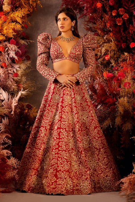 Mrunalini Rao Red Raw Silk And Organza Rosette Handcrafted Bridal Lehenga Set  