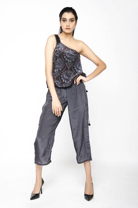 Anmol Kakad Black Crepe Silk Strobe One Shoulder Top And Pant Set