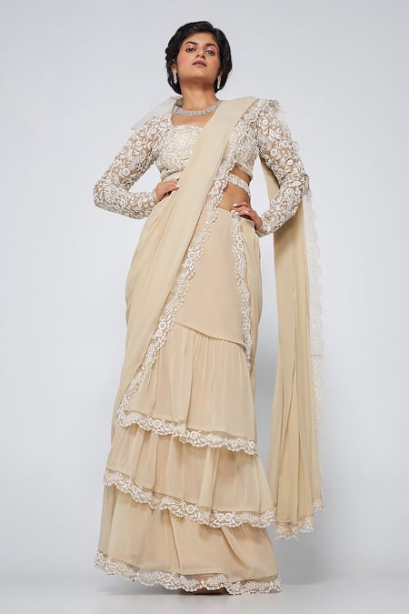 Asaga Beige Silk, Georgette Bows, Embroidery Sweetheart Neck Kate Pre-draped Saree