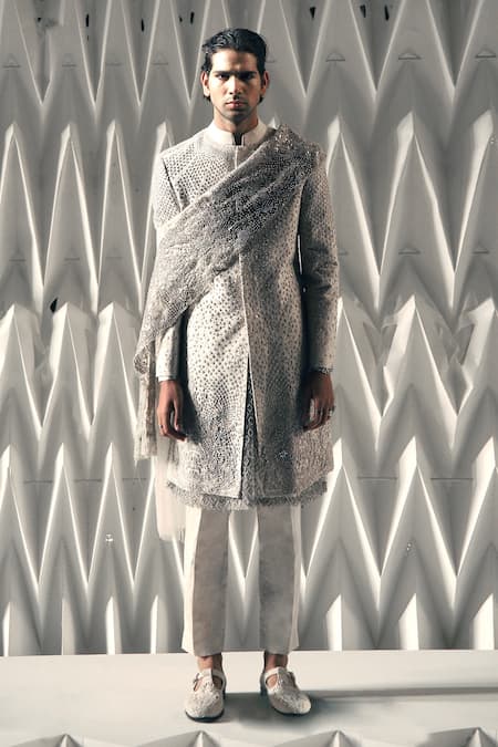 Rohit Gandhi + Rahul Khanna Metallic Thread & Pearls Embroidered Sherwani 