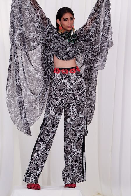 AK-OK White Silk Embroidery Collared Abstract Print Top And Trouser Set