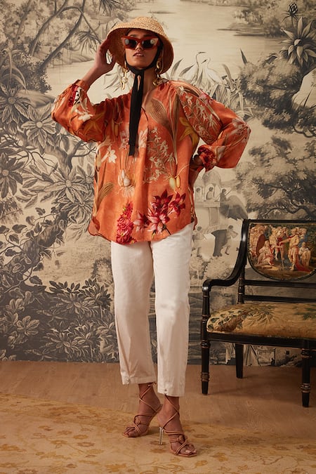 Kalista Orange Viscose Satin Printed Botanical Mandarin Collar Dahlia Tunic And Pant Set 