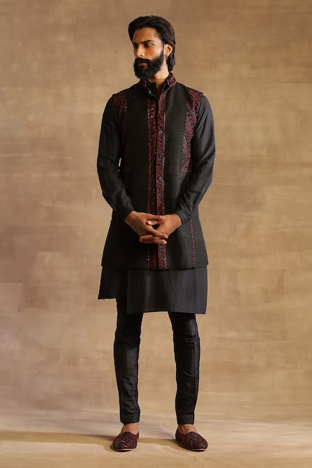 Raghavendra Rathore Jodhpur Black Raw Silk Embroidered Floral Waistcoat 