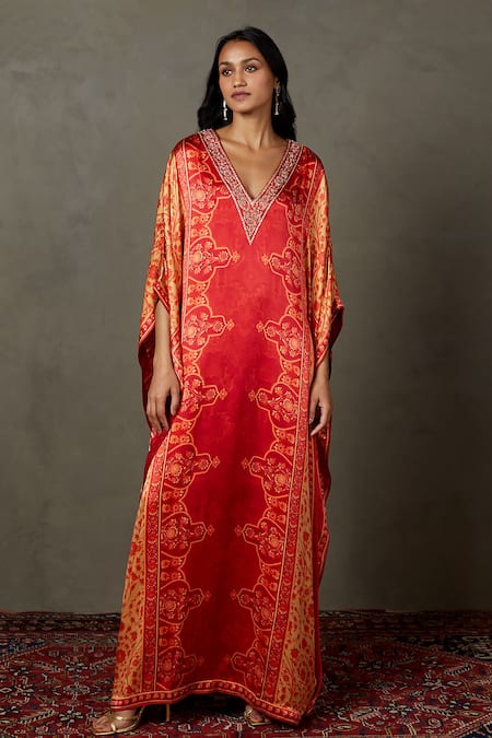 RI.Ritu Kumar Red Silk Printed Geometric V Neck Villa Embroidered Kaftan 