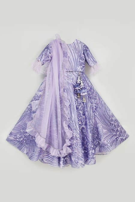 Fayon Kids Purple Fur, Organza Sequins Embellished Lehenga Set